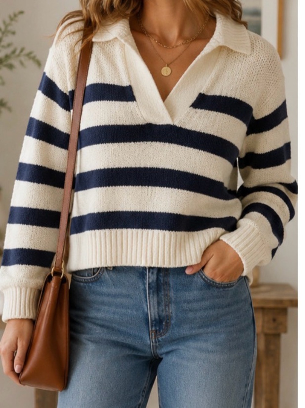 Maeve by Anthropologie Cream and Navy Striped V-Neck Collared Sweater